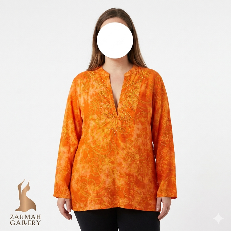 شومیز زنانه سایزبزرگ وارداتی برند کاپادالیا نارنجی طرحدار کد ۲۰14 فروشگاه زرماه گالری