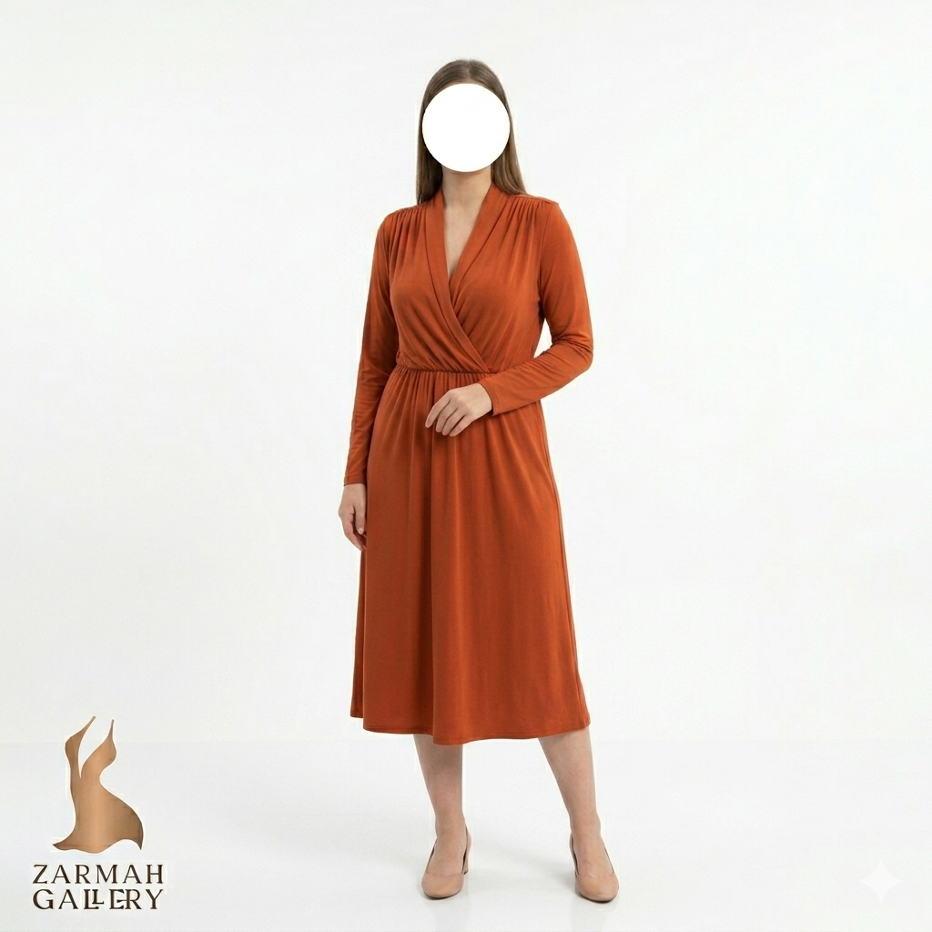 پیراهن زنانه اچ اند ام استوک وارداتی رنگ آجری مدل یقه چپ و راستی کد ۲ زرماه گالری