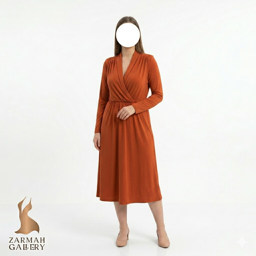 پیراهن زنانه اچ اند ام استوک وارداتی رنگ آجری مدل یقه چپ و راستی کد ۲ زرماه گالری