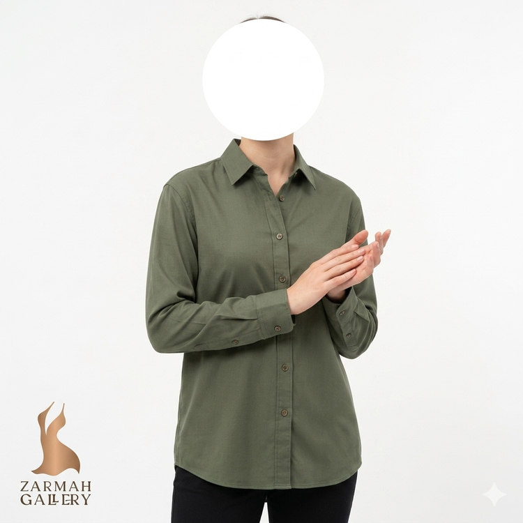 شومیز نخی سبز زیتونی سایزبزرگ زنانه برند یونیکلو (Uniqlo) استوک وارداتی کد ۱۹۸۰ زرماه گالری