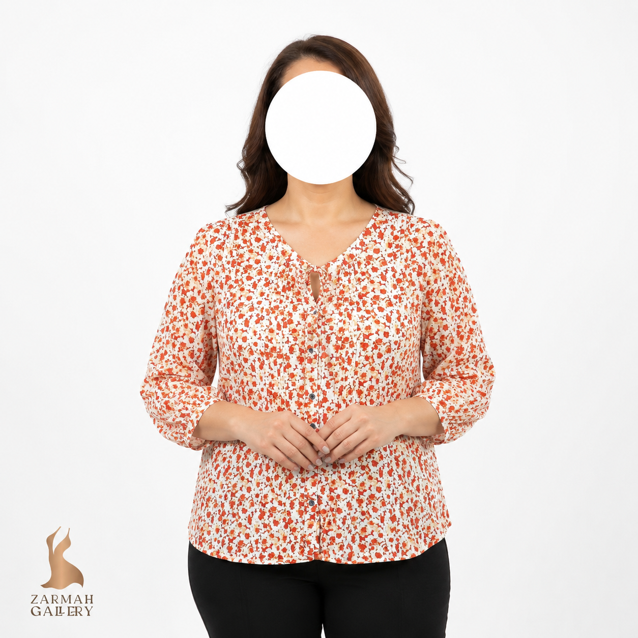 شومیز زنانه وارداتی استوک گلدار سفید نارنجی سایز 40 و 42 آستین سه ربع مناسب استایل روزمره و تابستانی