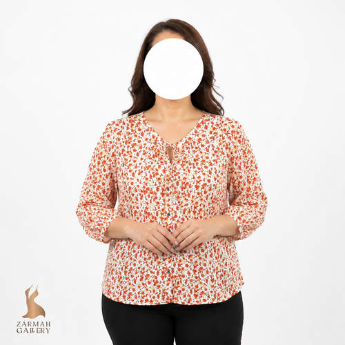 شومیز زنانه وارداتی استوک گلدار سفید نارنجی سایز 40 و 42 آستین سه ربع مناسب استایل روزمره و تابستانی