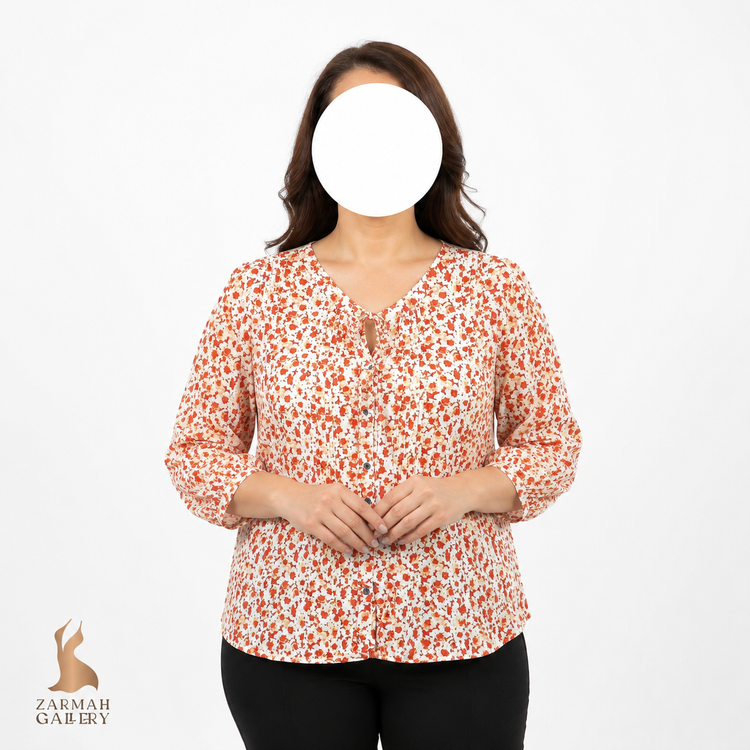 شومیز زنانه وارداتی استوک گلدار سفید نارنجی سایز 40 و 42 آستین سه ربع مناسب استایل روزمره و تابستانی