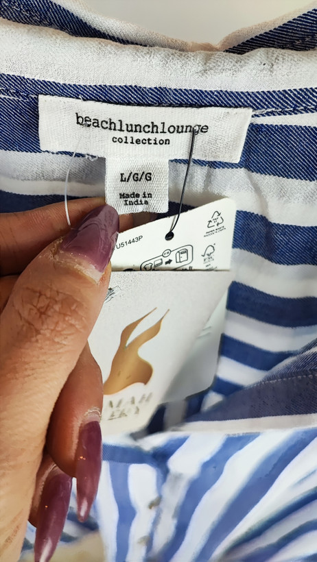 شومیز نخی راه راه آبی سفید زنانه سایز بزرگ برند Beach Lunch Lounge استوک اروپایی کد ۲۴۹۴