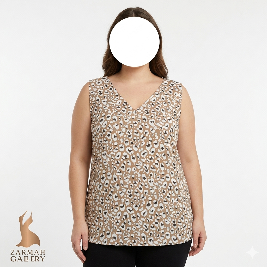 تاپ زنانه بدون آستین برند ناین وست رنگ کرم و مشکی با طرح پوست ماری و یقه هفت مناسب استایل تابستانی