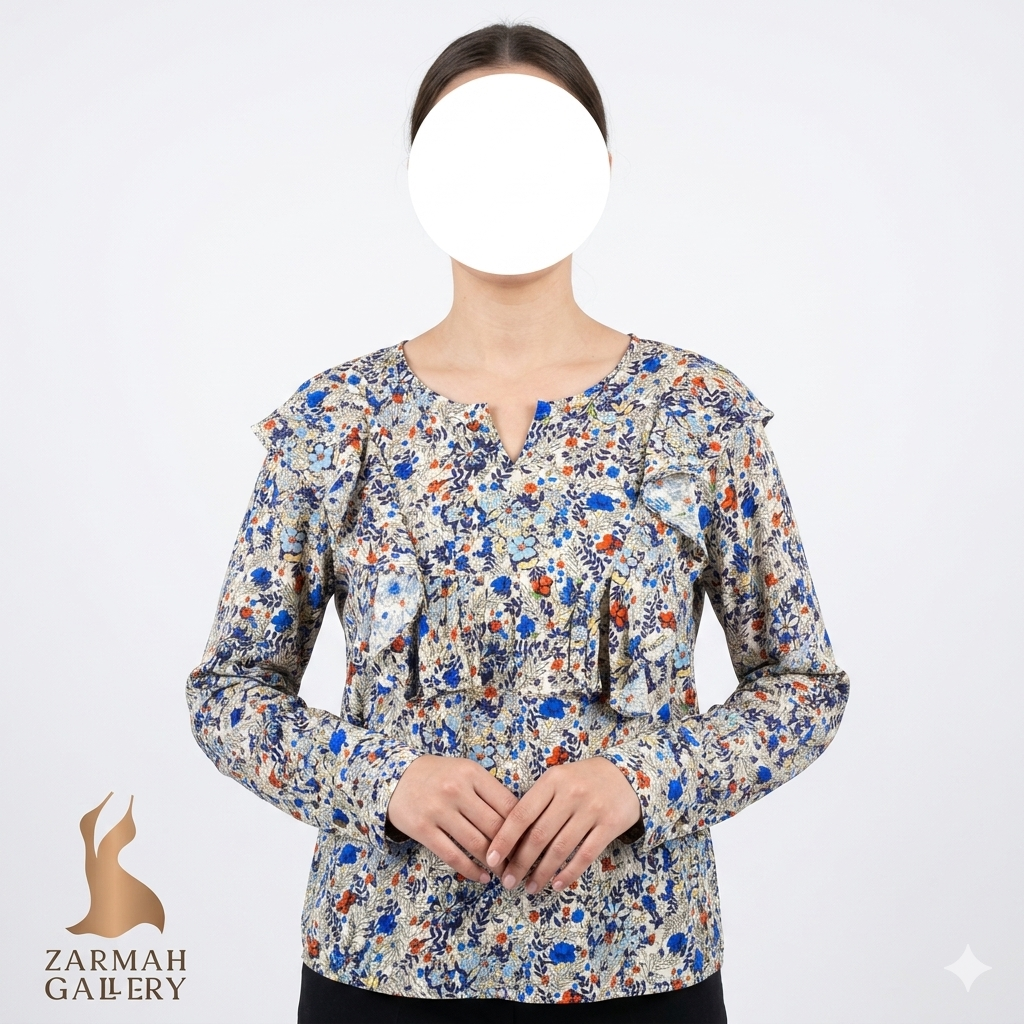 شومیز زنانه گلدار ریز برند مانگو اورجینال کرم و آبی آستین بلند مدل چیندار جلو دکمه