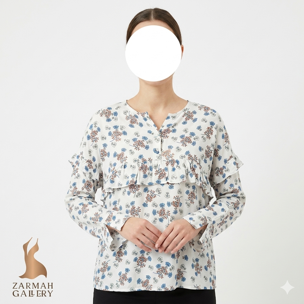 شومیز زنانه گلدار سفید با گلهای آبی و نارنجی برند زارا استوک وارداتی گرید C فروشگاه زرماه گالری