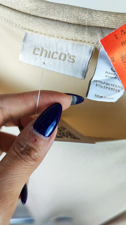 تاپ مجلسی زنانه رنگ طلایی برند استوک وارداتی Chico’s مناسب استایل شب و مهمانی سایز ۴۶ و ۴۸