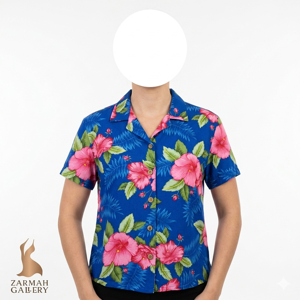 شومیز زنانه وارداتی استوک برند کارائیب جو طرح گل‌دار آبی سایز 42.44 مناسب استایل تابستانه