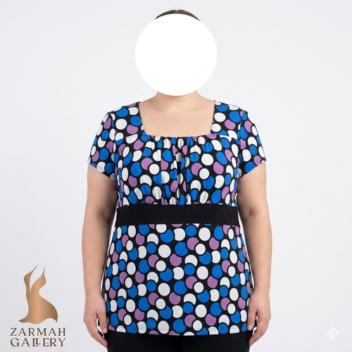 تیشرت زنانه سایز بزرگ برند سوزان لارنس استوک وارداتی با طرح دایرهای رنگی مناسب استایل روزمره