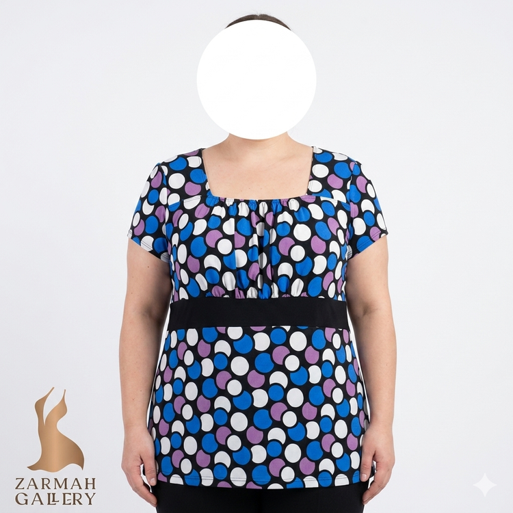 تیشرت زنانه سایز بزرگ برند سوزان لارنس استوک وارداتی با طرح دایرهای رنگی مناسب استایل روزمره