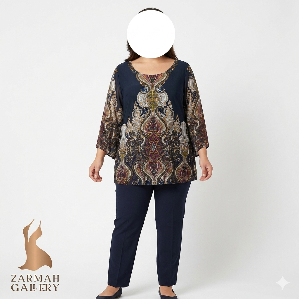 شومیز زنانه سایز بزرگ وارداتی با طرح سنتی زیبا، مناسب استایل مجلسی و دورهمی، کیفیت درجه یک