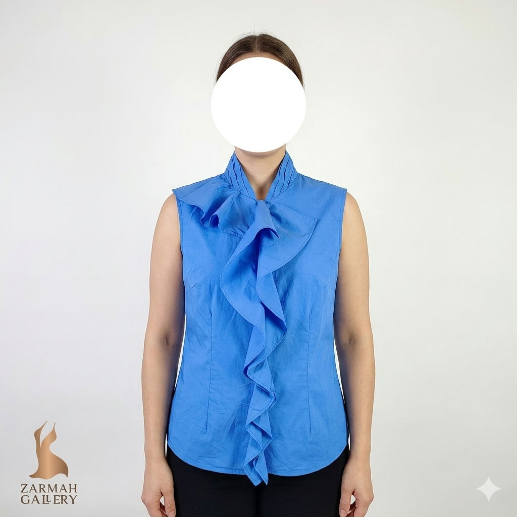 تاپ زنانه بدون آستین برند Worthington رنگ آبی کاربنی با تزیینات حلزونی جلوی لباس، استوک وارداتی گرید A، مناسب سایز ۴۰