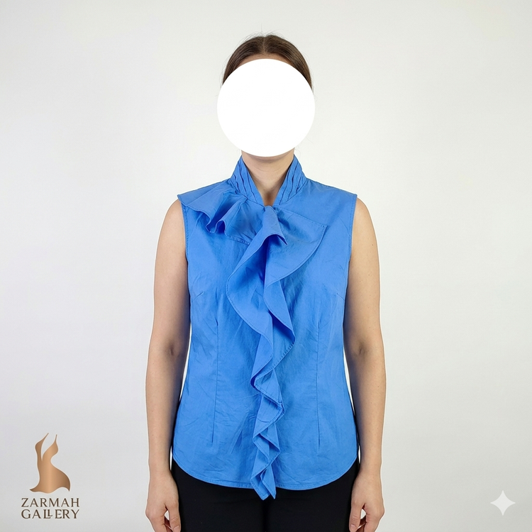 تاپ زنانه بدون آستین برند Worthington رنگ آبی کاربنی با تزیینات حلزونی جلوی لباس، استوک وارداتی گرید A، مناسب سایز ۴۰