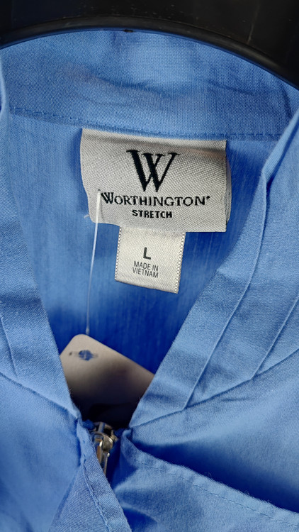 تاپ زنانه بدون آستین برند Worthington رنگ آبی کاربنی با تزیینات حلزونی جلوی لباس، استوک وارداتی گرید A، مناسب سایز ۴۰