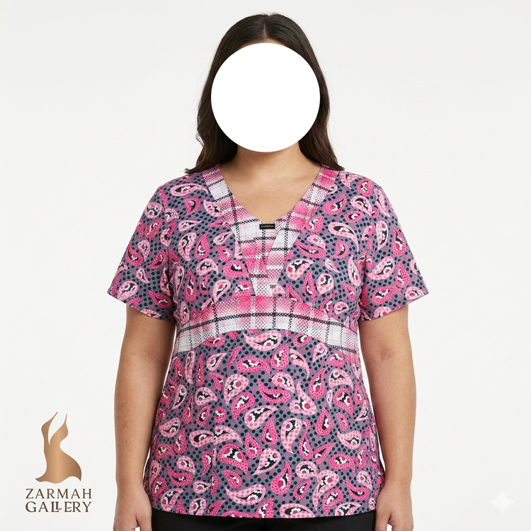شومیز زنانه وارداتی استوک برند لاندائو طرحدار رنگ صورتی و طوسی سایزبزرگ مناسب استایل کژوال