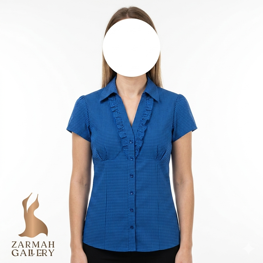 شومیز زنانه چهارخانه آبی و مشکی برند وارداتی Valleygirl آستین کوتاه با یقه چیندار مدل مجلسی سایز ۳۸-