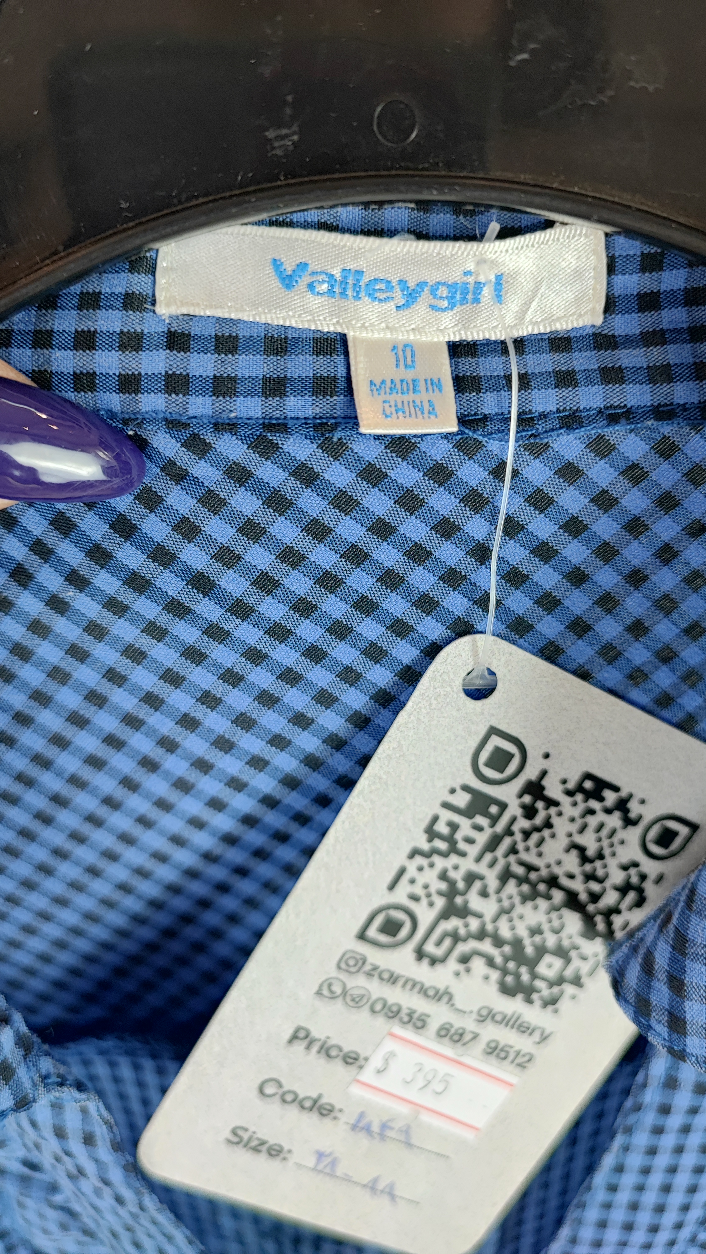 شومیز زنانه چهارخانه آبی و مشکی برند وارداتی Valleygirl آستین کوتاه با یقه چیندار مدل مجلسی سایز ۳۸-