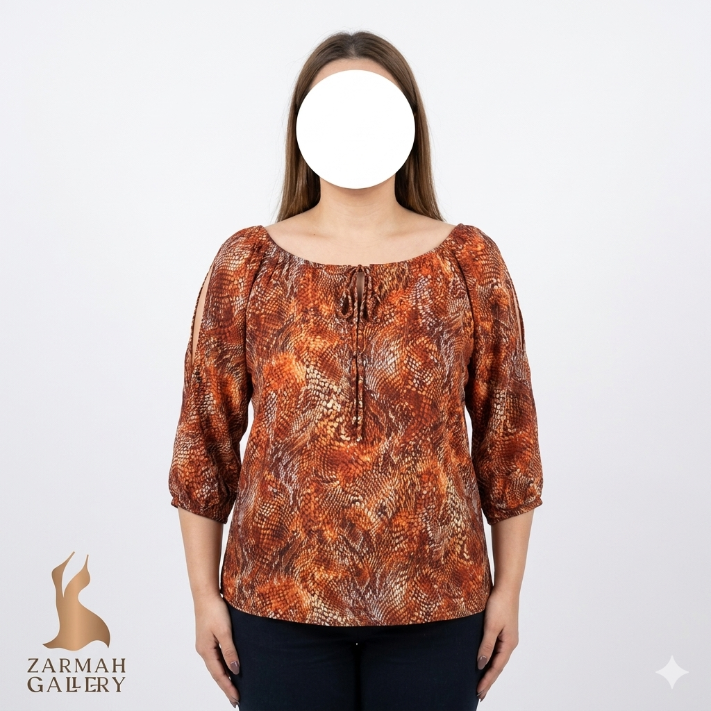 شومیز زنانه استوک اروپایی برند dressbarn ۱۰۰ درصد ریون طرح پوستماری آجری آستین چاکدار کد ۲۴۴۷ زرماه گالری