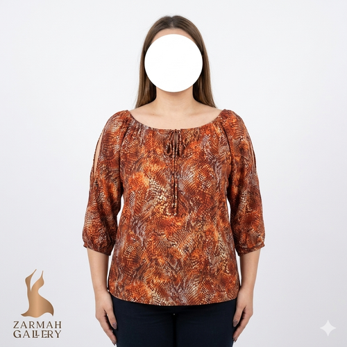 شومیز زنانه استوک اروپایی برند dressbarn ۱۰۰ درصد ریون طرح پوستماری آجری آستین چاکدار کد ۲۴۴۷ زرماه گالری