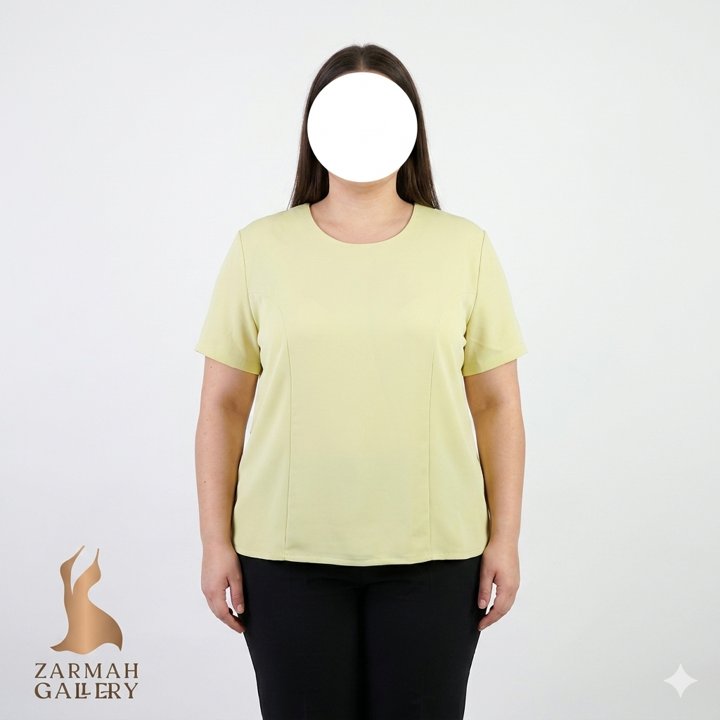 شومیز زنانه آستین کوتاه لیمویی وارداتی با یقه گرد و ایراد جزئی در پایین لباس