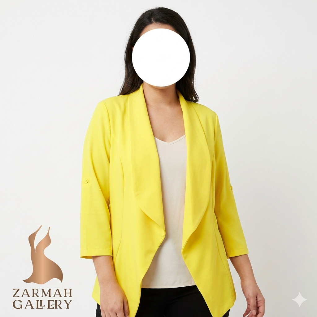 رویه شومیز جلو باز آبشاری زنانه استوک وارداتی برند سوئیت بوتیک رنگ لیمویی روشن آستین سه ربع