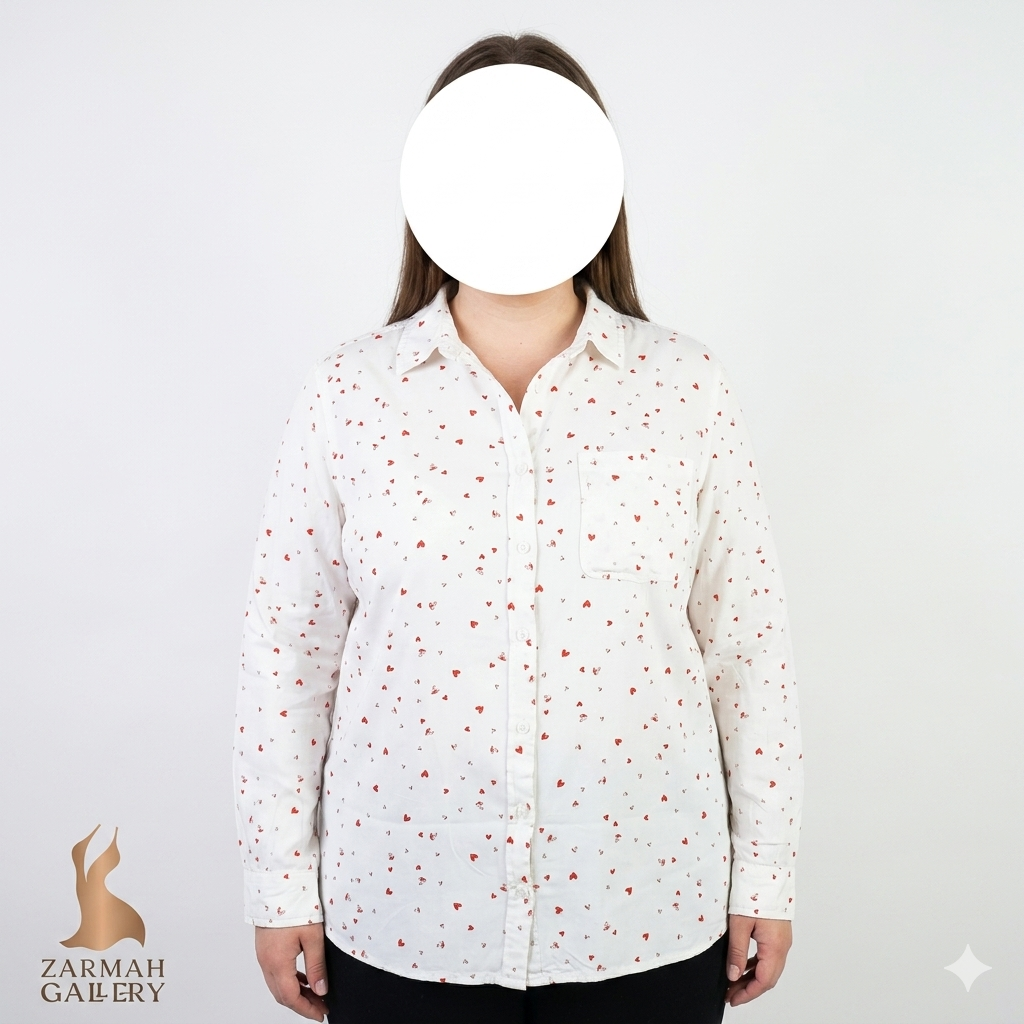 شومیز زنانه سایزبزرگ استوک برند بیچ لانچ لانژ رنگ سفید طرح قلب، مناسب سایز 50-52، با قیمت ویژه در زرماه گالری