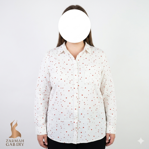 شومیز زنانه سایزبزرگ استوک برند بیچ لانچ لانژ رنگ سفید طرح قلب، مناسب سایز 50-52، با قیمت ویژه در زرماه گالری