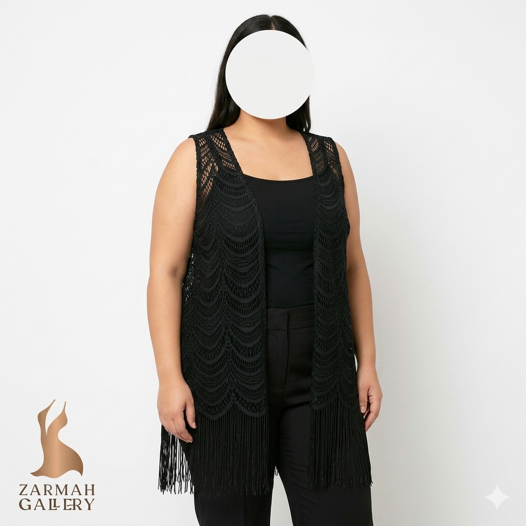 شومیز رویه زنانه استوک وارداتی رنگ مشکی، مدل جلیقه حصیری با ریشه، سایز 40-42، مناسب استایل خاص در زرماه گالری