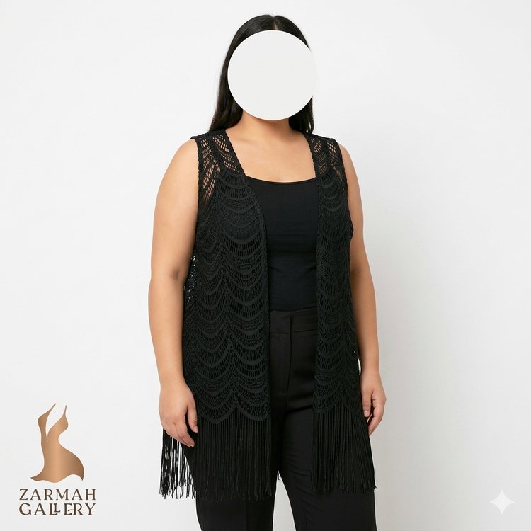 شومیز رویه زنانه استوک وارداتی رنگ مشکی، مدل جلیقه حصیری با ریشه، سایز 40-42، مناسب استایل خاص در زرماه گالری