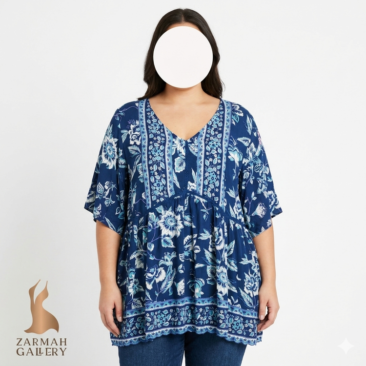 شومیز زنانه سایز بزرگ استوک برند Romantic Gypsy با طرح گلدار آبی، مناسب استایل تابستانه و راحتی،