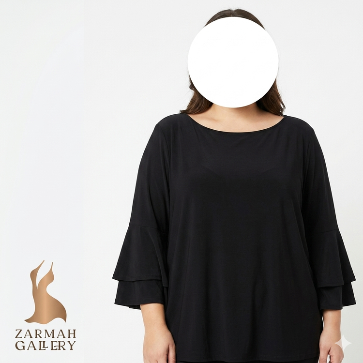 شومیز زنانه سایز بزرگ استوک وارداتی رنگ مشکی، مدل آستین کلوش، سایز 60-62، مناسب استایل مجلسی و راحت در زرماه گالری