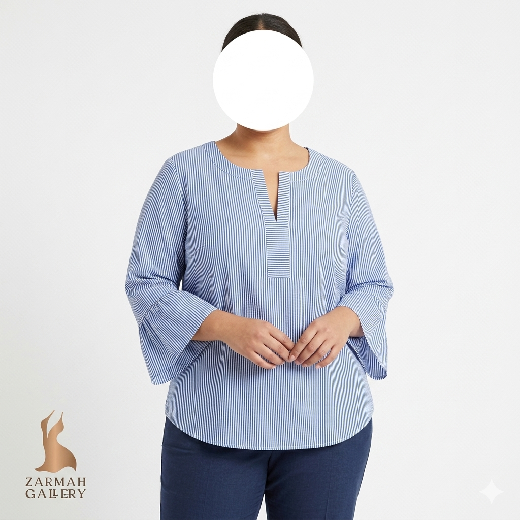 شومیز زنانه سایز بزرگ راه راه آبی و سفید برند وستپورت کد 2562