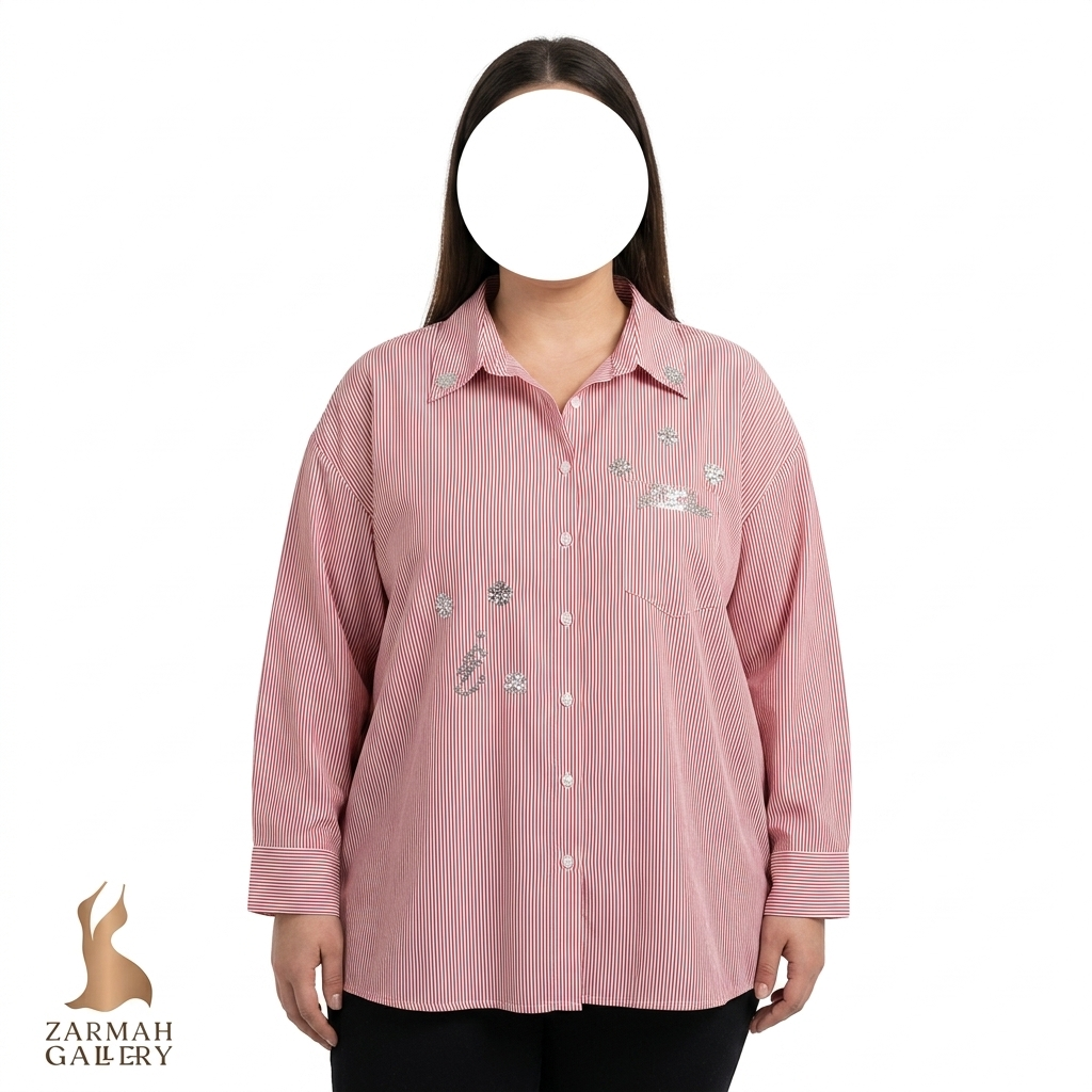 شومیز زنانه سایز بزرگ راه راه قرمز و سفید برند Lasolas با تزئینات نگینکاری شده طرح کریسمس
