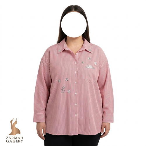 شومیز زنانه سایز بزرگ راه راه قرمز و سفید برند Lasolas با تزئینات نگینکاری شده طرح کریسمس