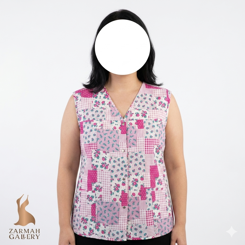 تاپ زنانه استوک وارداتی با طرح گلدار و چهارخانه در تن مدل جهت مشاهده تنخور لباس