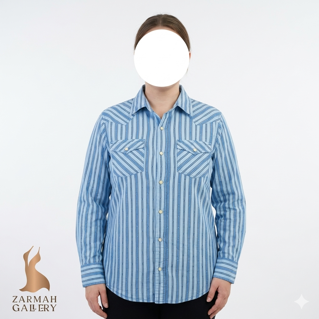 شومیز زنانه آریزونا جین با طرح راهراه آبی سفید جهت مشاهده فرم لباس