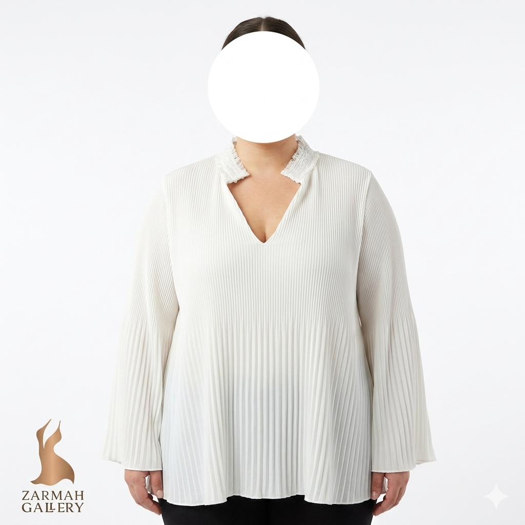 شومیز مجلسی زنانه زارا (Zara) استوک وارداتی سایزبزرگ کد ۲۶۴۸ سایز ۴۸/۵۰ | مدل پلیسه سفید با یقه گیپور خاص
