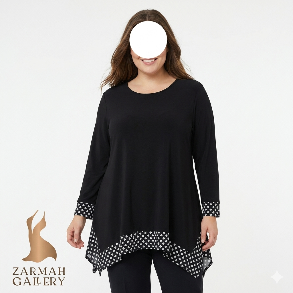 شومیز تونیک زنانه سایزبزرگ استوک وارداتی برند چامکوس chico's رنگ مشکی حاشیه هندسی سفید مربعی مجلسی کد 2674 گرید A زرماه گالری