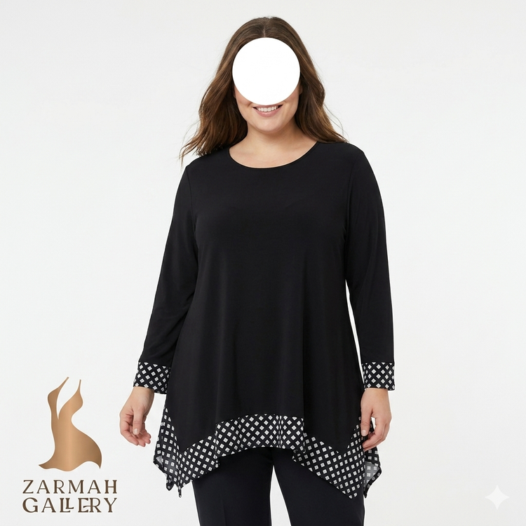شومیز تونیک زنانه سایزبزرگ استوک وارداتی برند چامکوس chico's رنگ مشکی حاشیه هندسی سفید مربعی مجلسی کد 2674 گرید A زرماه گالری