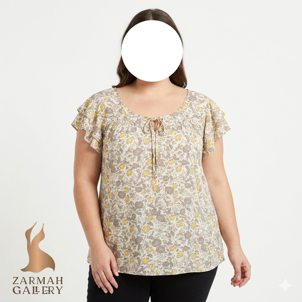 شومیز زنانه سایزبزرگ استوک وارداتی برند اولد نیوی Old Navy رنگ سفید گلدار خردلی طوسی جنس نخی ویسکوز آستین کلوش کد 2680 زرماه گالری