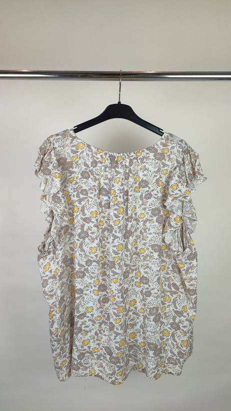 شومیز زنانه سایزبزرگ استوک وارداتی برند اولد نیوی Old Navy رنگ سفید گلدار خردلی طوسی جنس نخی ویسکوز آستین کلوش کد 2680 زرماه گالری