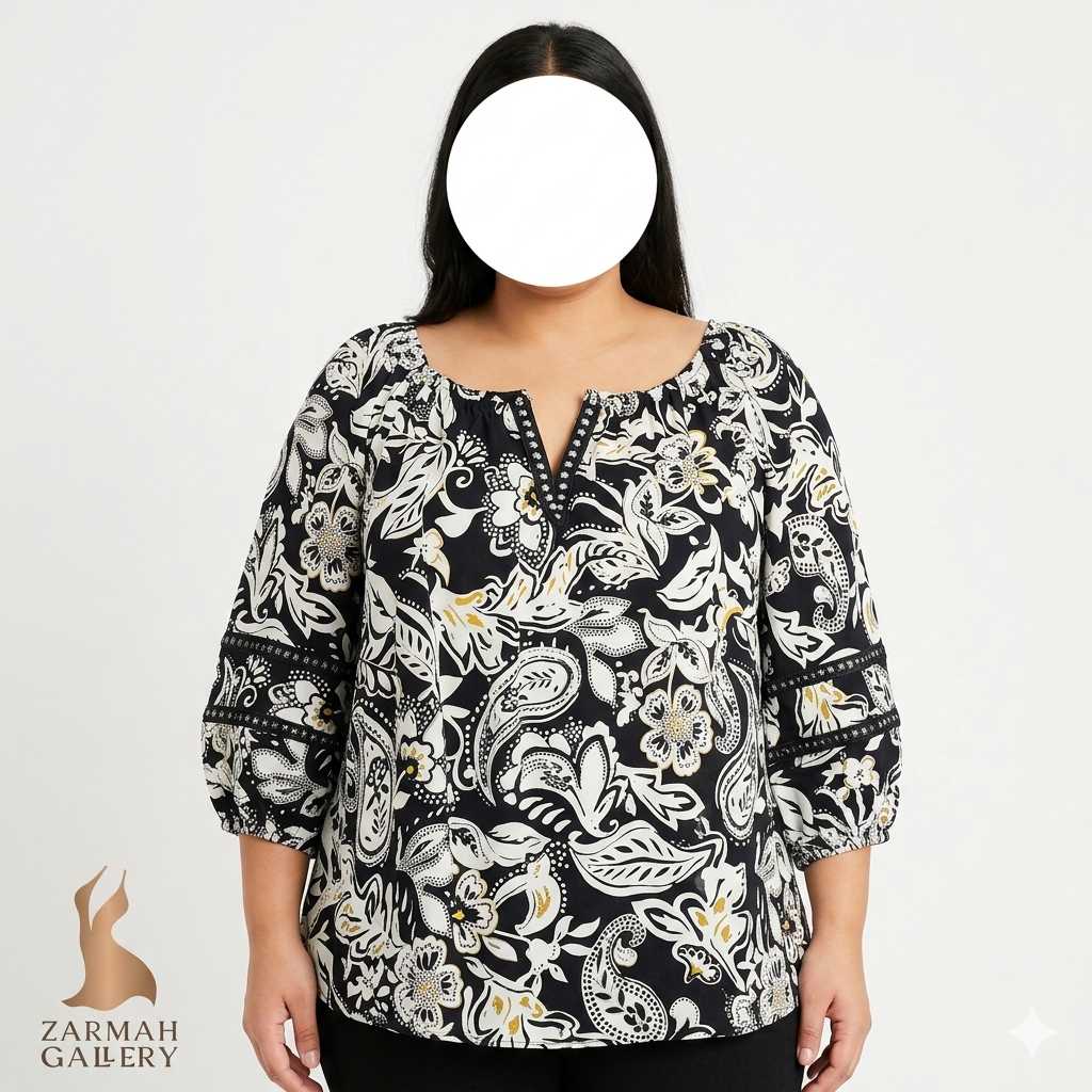 شومیز زنانه سایز بزرگ طرحدار برند Cato کد ۲۶۸۴ با تزیینات نگینی در یقه و آستین مناسب استایل مجلسی و کژوال