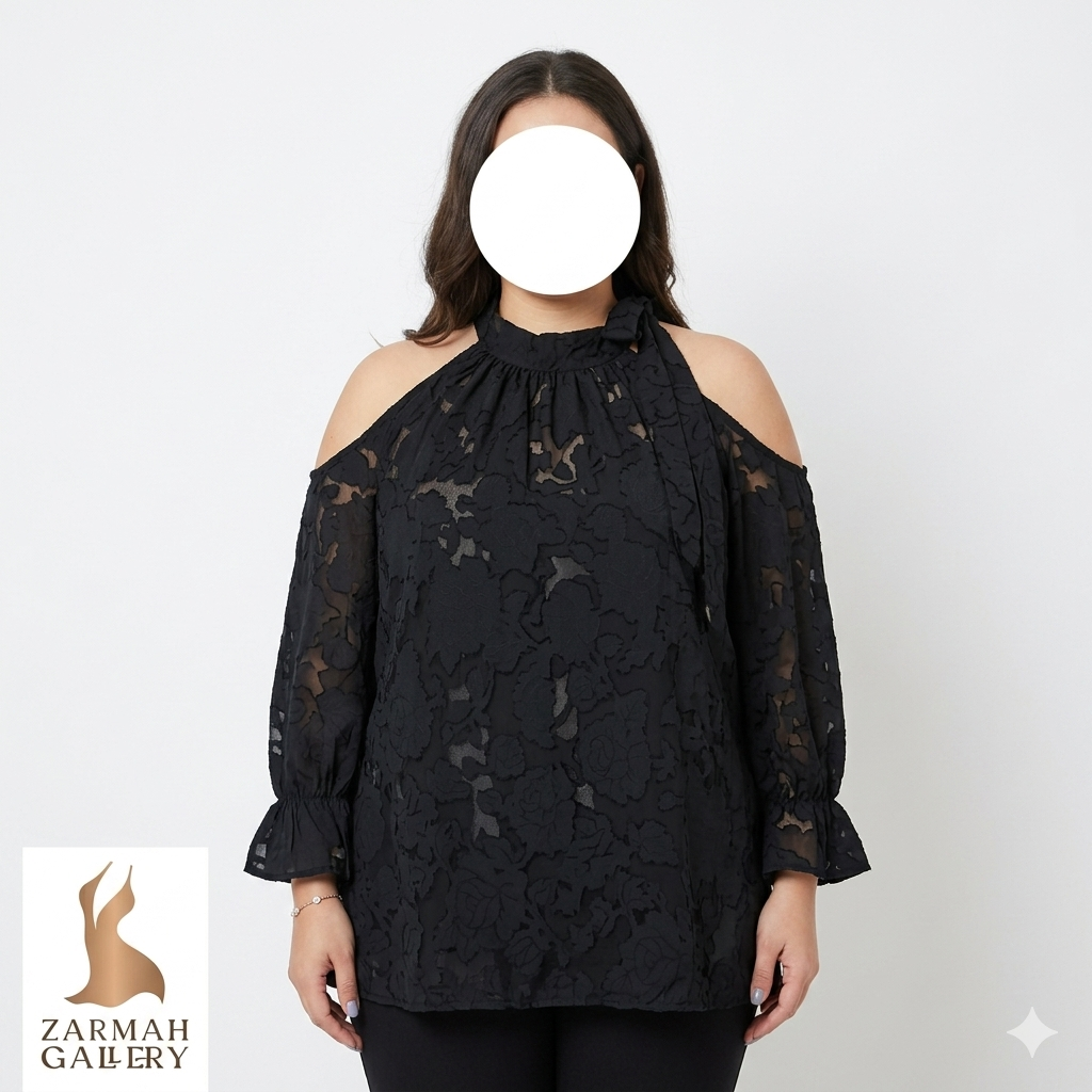 شومیز زنانه سایز بزرگ استوک برند شین (SHEIN) رنگ مشکی با پارچه طرحدار و مدل یقه دکلته مناسب استایل مجلسی