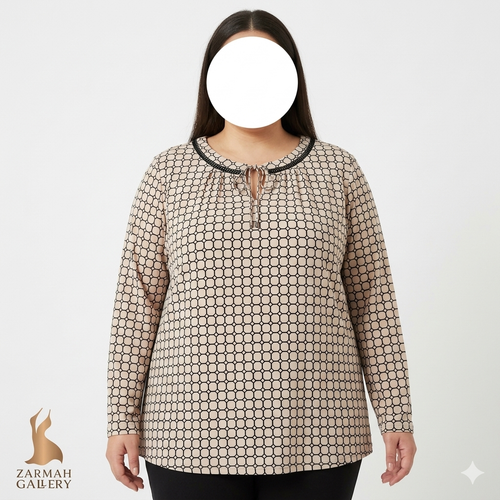 شومیز زنانه سایز بزرگ برند لیز کلیبورن با طرح هندسی کرم و مشکی، یقه کراواتی تزئینی، مناسب استایل کژوال و نیمهرسمی