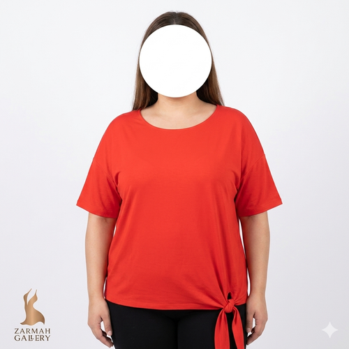 تیشرت زنانه سایز بزرگ برند Roz & Ali رنگ قرمز، مدل گرهدار در پایین لباس، مناسب استایل کژوال و روزمره