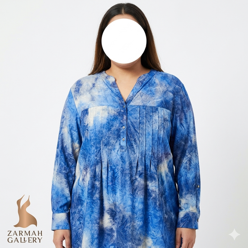 شومیز زنانه سایز بزرگ برند Cocomo با طرح ابر و بادی آبی، یقه دکمهدار، مناسب استایل کژوال و روزمره