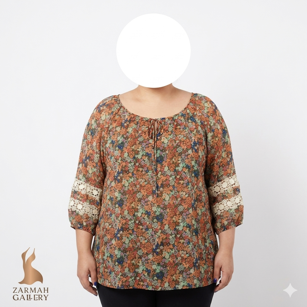 شومیز زنانه سایز بزرگ برند Westport با طرح گلدار رنگی و جزئیات توری در آستین، مناسب استایل کژوال