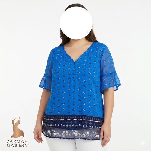 شومیز زنانه سایز بزرگ استوک آمریکایی برند liz claiborne رنگ آبی کاربنی حریر آستین کوتاه کلوش