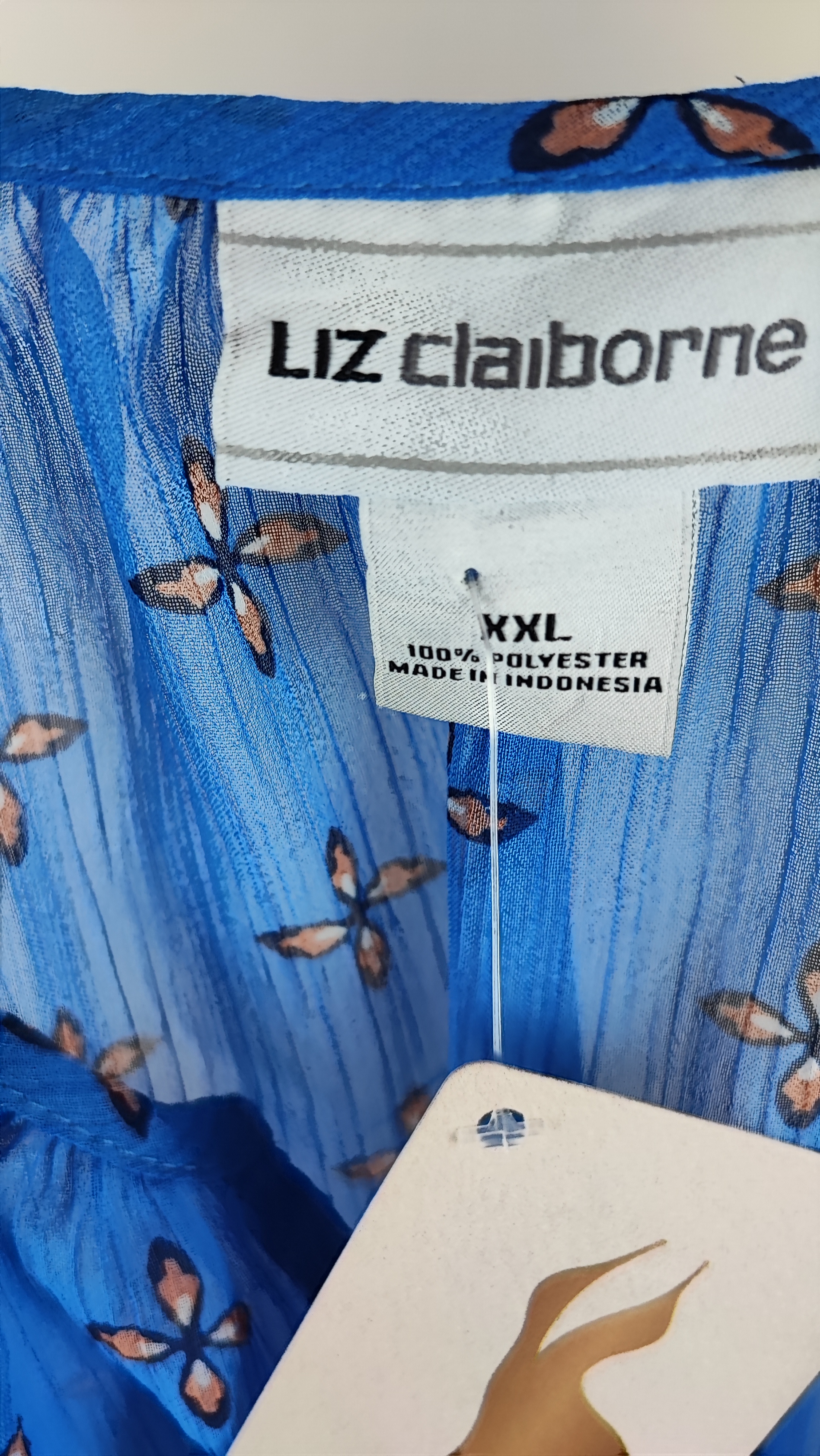 شومیز زنانه سایز بزرگ استوک آمریکایی برند liz claiborne رنگ آبی کاربنی حریر آستین کوتاه کلوش